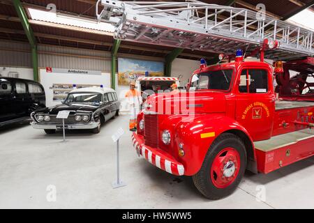 Denmark, Funen, Egeskov, exhibit of classic cars and aircraft, Danish fire trucks Stock Photo