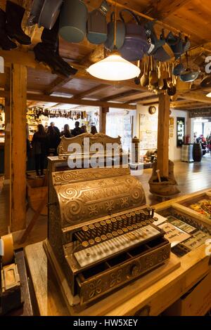 Denmark, Funen, Egeskov, exhibit of classic cars and aircraft, old general store exhibit Stock Photo