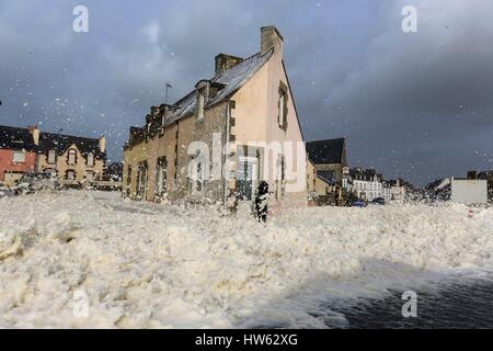 France, Finistere, Saint Guenole, foam due to the storm of February 8, 2016 Stock Photo