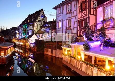 France, Haut Rhin, Alsace Wine Route, Colmar, Little Venice, the Lauch River, illuminations during the Christmas market in December Stock Photo