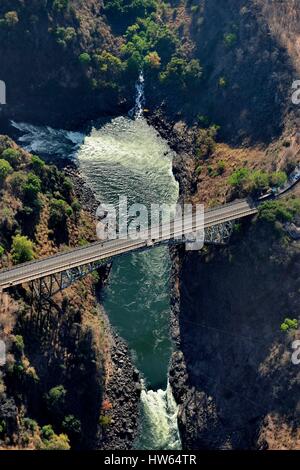 Zimbabwe, Matabeleland North Province, Zambesi River, the Victoria Falls, listed as World Heritage by UNESCO, bridge that marks the border between Zimbabwe and Zambia (aerial view) Stock Photo