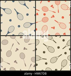 Set of four seamless backgrounds of sports equipment for tennis and badminton, racket and ball, vector illustration. Stock Vector