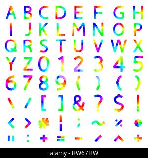 Set of rainbow elements, the alphabet and numbers, symbols, mathematical operations with square corners, vector illustration. Stock Vector