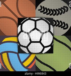 Set of five sports backgrounds balls for a game of football, soccer, tennis, basketball and baseball, the effect halftone and a place for your text, v Stock Vector