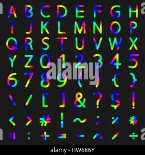 Set of rainbow elements, the alphabet and numbers, symbols, mathematical operations with rounded corners, vector illustration. Stock Vector