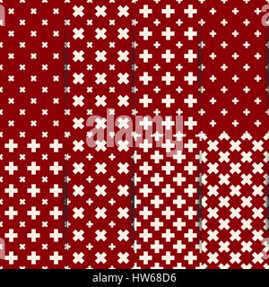 Set of eight red and white seamless patterns from different crosses, repeating geometric tiles, vector illustration. Stock Vector
