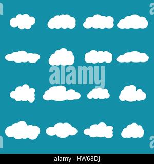 Set of sixteen white clouds of different shapes on a blue sky, vector illustration. Stock Vector