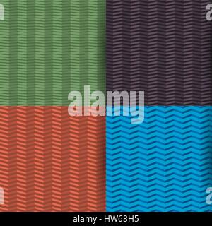 Set of four colored seamless patterns zigzag, with the effect of 3D, different angle of inclination of lines, vector illustration. Stock Vector