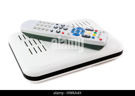 Remote and White Receiver for Internet TV (Set Top Box) on white background side view Stock Photo