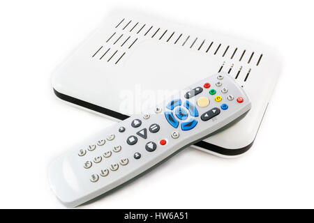Remote and White Receiver for Internet TV (Set Top Box) on white background top view Stock Photo