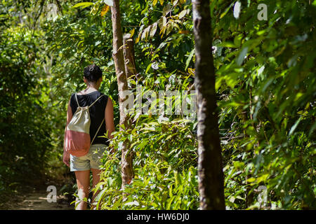 Black haired young woman walking along a path through a thick green jungle with canvas back pack on sunny day. Stock Photo
