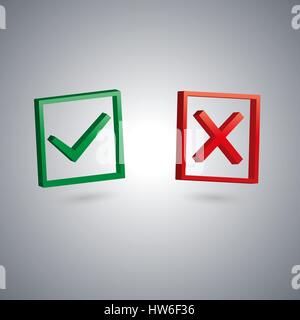Set of two isolated check marks with 3D effect, the sign performed, tested, rejected, positive and negative response, vector illustration. Stock Vector