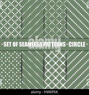 Set of eight seamless patterns, repeating geometric tiles with diagonal circle, texture with dotted elements, vector illustration. Stock Vector