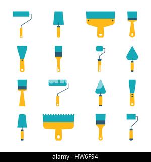 Icons set for repair and construction, rollers and brushes for painting, trowel, various shapes and sizes. Flat style, isolated on white background, v Stock Vector