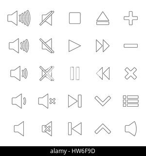 A set of twenty-five gray multimedia icons of thin lines, isolated on white background, control buttons, vector illustration. Stock Vector