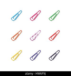 Set of nine multi-colored paper clips with shadow isolated on white background, design elements chancellery, second set, vector illustration. Stock Vector