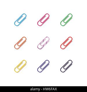 Set of nine multi-colored paper clips with shadow isolated on white background, design elements chancellery, third set, vector illustration. Stock Vector