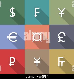 Set of nine square icons symbols of the leading world currencies , flat style, long diagonal shadow, vector illustration. Stock Vector