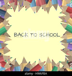 Background with text back to school, frame with color pencils, education concept, design stationery items, vector illustration. Stock Vector