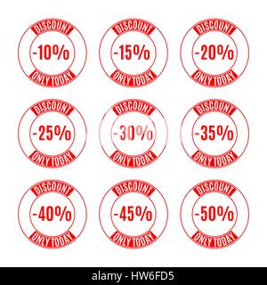 A set of nine round labels discounts of ten to fifty percent in steps of five, isolated on white background, flat style, vector illustration. Stock Vector