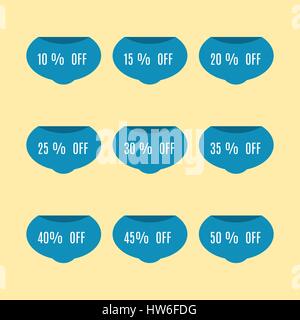 A set of nine labels discounts of ten to fifty percent in steps of five, isolated on yellow background, flat style, vector illustration. Stock Vector