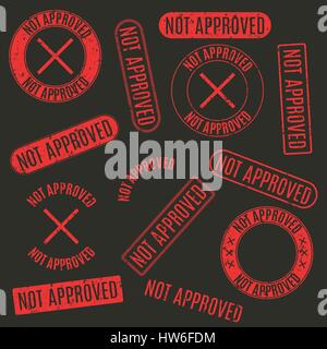 Set of red round and rectangular stamps not approved isolated on black background, vector illustration. Stock Vector