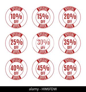 A set of nine round labels discounts of ten to fifty percent in steps of five, isolated on white background, flat style, vector illustration. Stock Vector