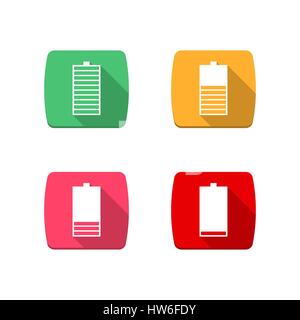 Set of four square icons battery charge level, low, medium, full. Flat style with a long diagonal shadow, vertical arrangement in power supply compone Stock Vector