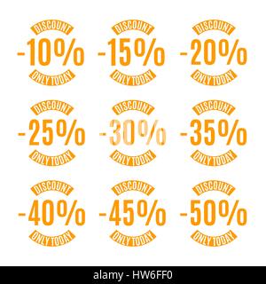A set of nine labels discounts of ten to fifty percent in steps of five, isolated on white background, flat style, vector illustration. Stock Vector