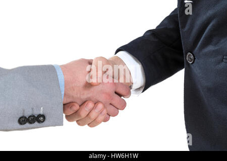 Two business men shaking hands on a white background Stock Photo