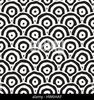 Rough Line Hand Drawn Circles. Vector Seamless Black and White Pattern. Stock Vector