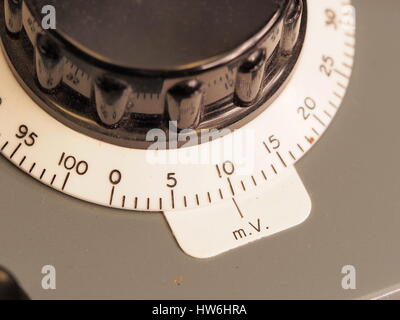 Big black hand knob with rotating scale on an old test apparatus, Melbourne 2015 Stock Photo