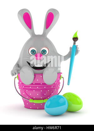 3d rendering of Easter bunny with painted eggs isolated over white background Stock Photo