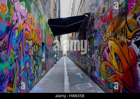 An image which highlights the volume of street art on some of Melbourne's alleyways, wall to wall artwork round every corner. Stock Photo