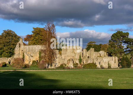 Sunset and blue sky at the beautiful, tranquil, picturesque, historic ruins of Jervaulx Abbey - Yorkshire Dales, North Yorkshire England, GB, UK. Stock Photo