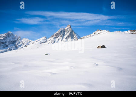 View of Italian Alps and Matterhorn Peak in the Aosta Valley region of northwest Italy. Stock Photo