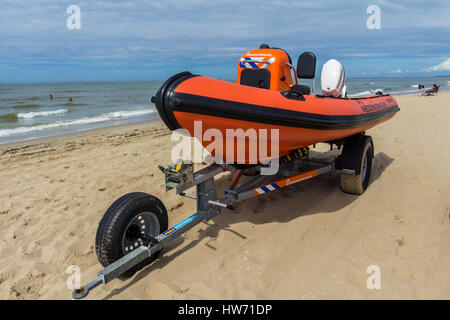 Kijkduin , the Netherlands - July 13, 2016: beach rescue boat on trailer Stock Photo