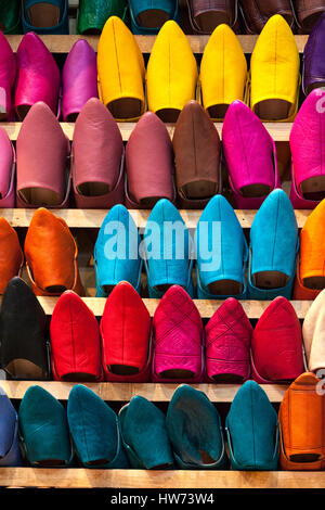 Fes, Morocco.  Leather Slippers for Sale in the Medina, Fes El-Bali. Stock Photo