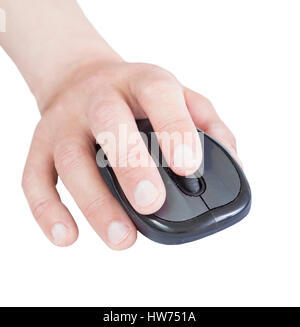 Hand Using Small Computer Mouse Hand clicking wireless computer mouse on planet Earth globe. White ...