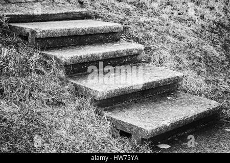 Old concrete stairway over grass hill, black and white photo Stock Photo