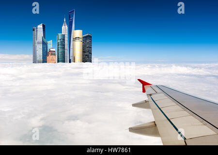 Higher than the clouds of skyscrapers, exaggerated performance Stock ...