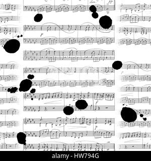 Seamless background pattern with sheet music and ink stains Stock Photo