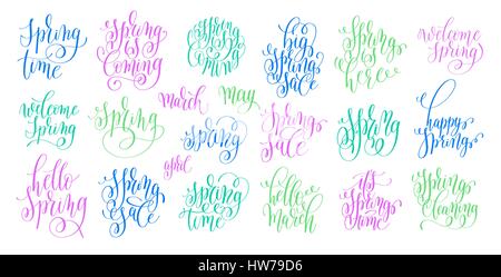 set of spring coming hand written lettering inscription, calligr Stock Vector