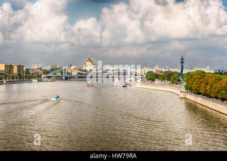 Aerial scenic view over the Moskva River from Pushkinsky Pedestrian Bridge in central Moscow, Russia Stock Photo