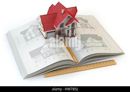 House project. Book with drafts of house and 3d model of house. Construction,  architecture and design concept. 3d illustration Stock Photo