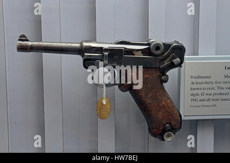 A Luger P-08 Mauser-Banner, Two -Digit Date pistol on display in the Springfield Armory National Historic Site, Springfield, Ma, United States. Stock Photo