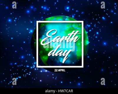 Vector world globe planet with Earth day text in white square frame with sparks light effect on blue starry sky or space background. Stock Vector