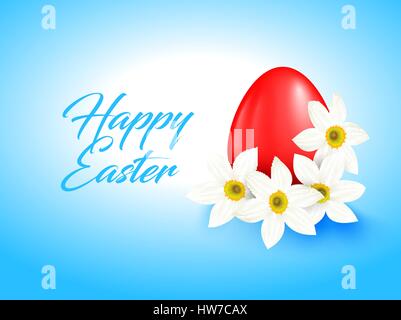 Red color egg and white narcissus flower on light blue background. Bright greeting card with Happy Easter text. Simple design. Stock Vector