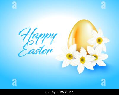 Orange color egg and white narcissus flower on light blue background. Bright greeting card with Happy Easter text. Simple design. Stock Vector