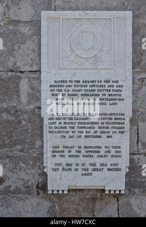 Naval Memorial Gibraltar to the total loss of life of US Coast Guard Tampa torpedoed on escort duties USCG Seneca both 'lost' in September 1918. Stock Photo